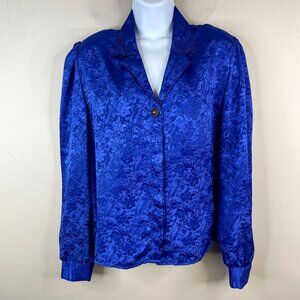 Charlotte Van Horne Vintage Silky Satin Top 14 Blue Secretary Damask Floral